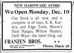 December 1900 - Advertisement announcing the opening of Franzen Bros. hardware (Riverside Press-Enterprise)