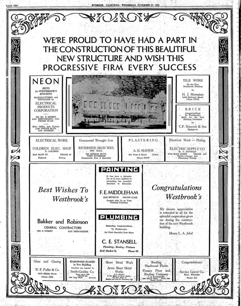 1935 - Contractors involved in the rebuilding of Franzen's Hardware that re-opened as Westbrook's (Riverside Press-Enterprise)