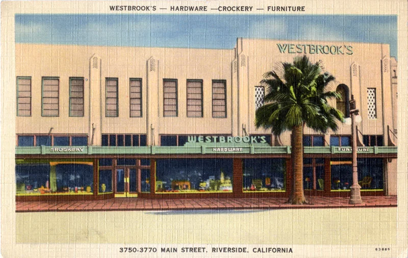 Circa 1936 - Postcard of the California Deco-Moderne facade of Westbrook's (RXSQ collection)