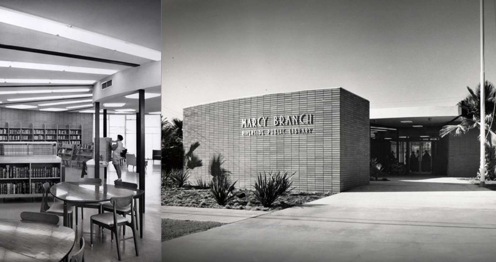 Circa 1958 photos by Julius Shulman of Riverside’s original Marcy Branch Library previously located at 3711 Central Avenue (Ruhnau Clarke Architects / Julius Shulman)