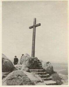 Circa 1915 - The 1907 wooden version of the Serra Cross atop Mount Rubidoux (RXSQ)