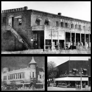 Circa 1870s (top) - B.D. Burt & Bros. building; Circa 1940s (left) and Circa 1963 (right) - Keystone Drugs (Museum of Riverside, Riverside Public Library, Ruhnau / City of Riverside)