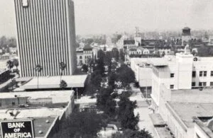Circa 1976 - View north of pedestrian mall from City Hall (Greater Riverside Chambers of Commerce)