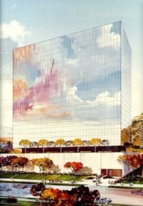 Early 1970s - Depiction of eastern elevation of Riverside County Administrative Center (Ruhnau Clarke Architects)