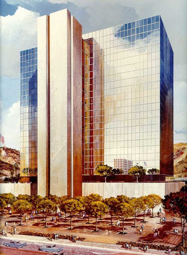 Early 1970s - Depiction of western elevation of Riverside County Administrative Center (Ruhnau Clarke Architects)