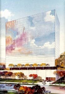 1971 – Depiction of eastern elevation of Riverside County Administrative Center (Ruhnau Clarke Architects)