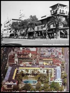 Postcard views of the Mission Inn: circa 1940s (top), and circa 1950s (bottom) (RXSQ collection)