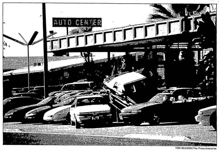 1991 – Original sign as seen from the Pontiac dealer at 8101 Auto Drive (Riverside Press-Enterprise)
